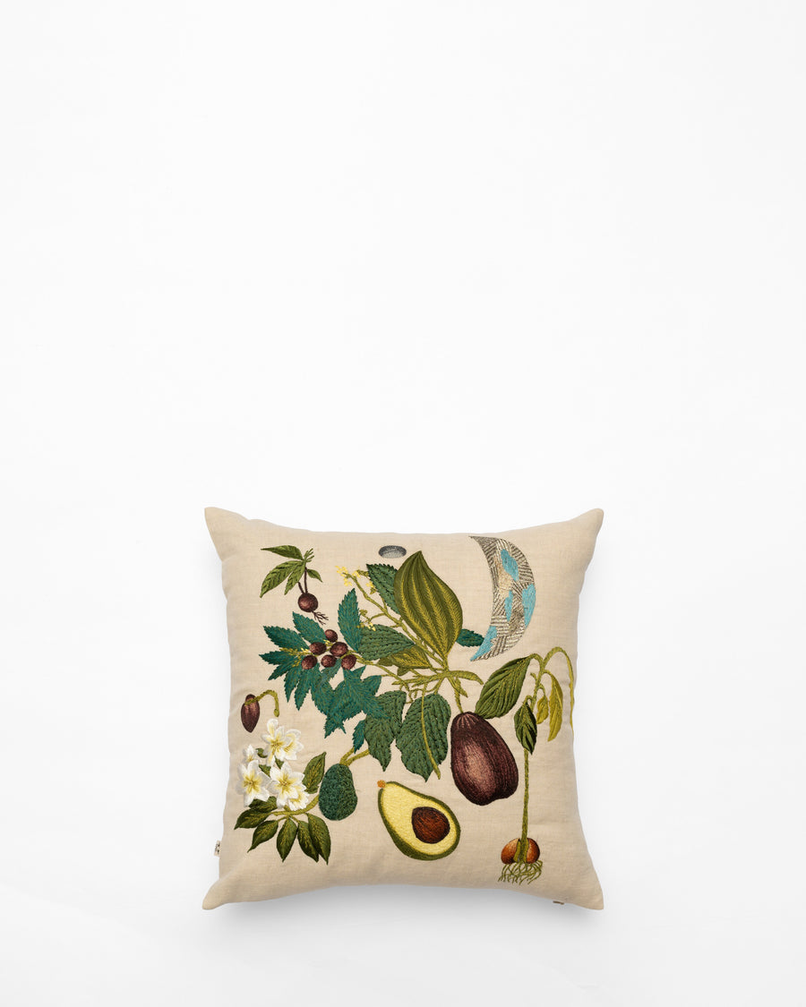 Avocado Moon embroidered cushion, front view