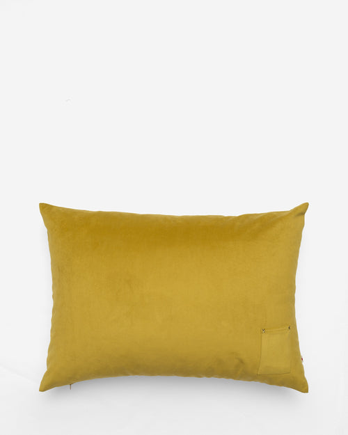 Embroidery velvet cushion in Bees on a High — gold, chocolate, mustard — Bokja, hand-assembled in Beirut