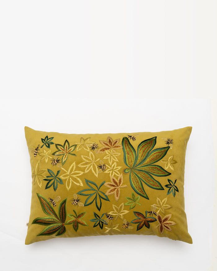 Bees on a High embroidered cushion, front view