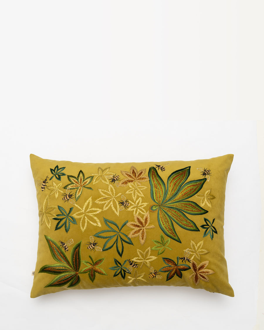 Bees on a High embroidered cushion, front view