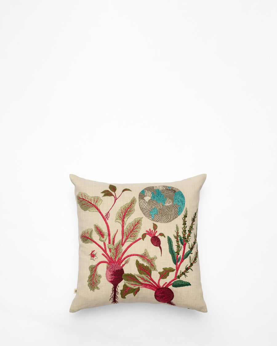 Beet Moon embroidered cushion, front view