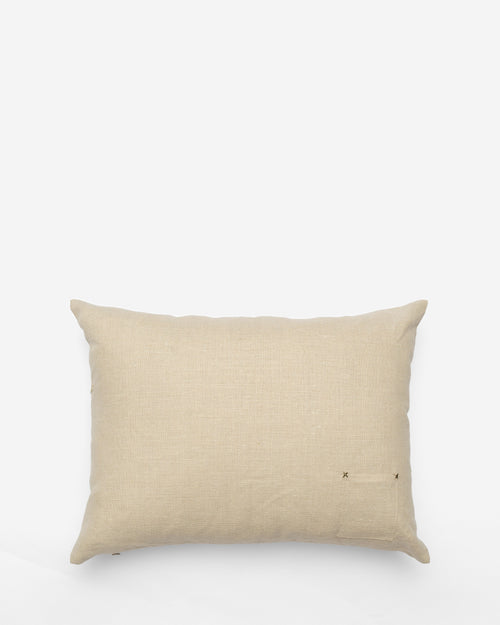 Embroidery linen cushion in Bisri Forest Neutral II — olive, chocolate, oatmeal — Bokja, hand-assembled in Beirut