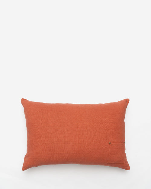 Embroidery linen cushion in Bisri Forest Red II — forest, brown, ochre — Bokja, hand-assembled in Beirut