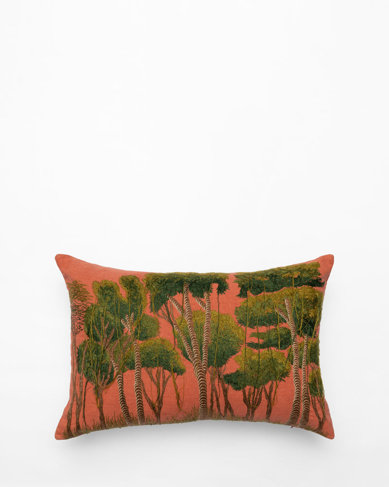 Bisri Forest Red Right embroidered cushion, front view