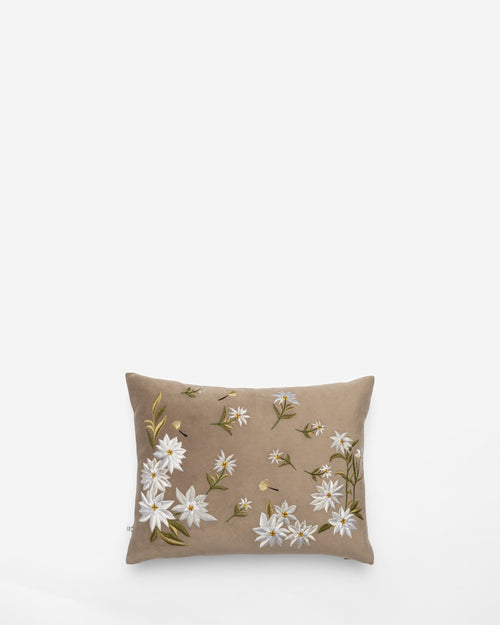 Embroidery velvet cushion in Bloom and Grow — brown, grey — Bokja, hand-assembled in Beirut