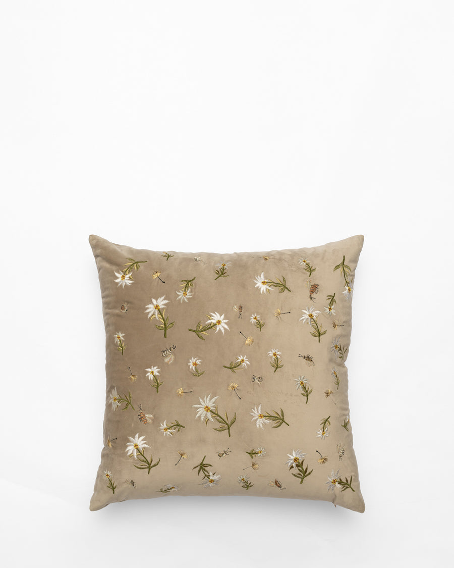 Blossom of Snow embroidered cushion, front view
