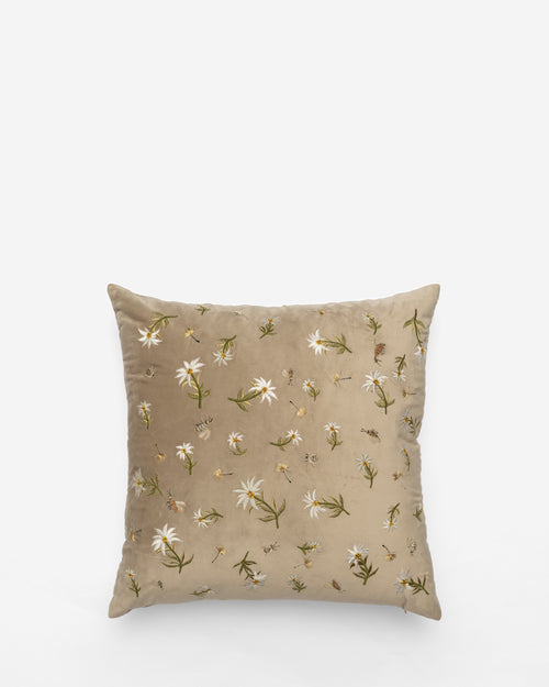Embroidery velvet cushion in Blossom of Snow — brown, stone — Bokja, hand-assembled in Beirut
