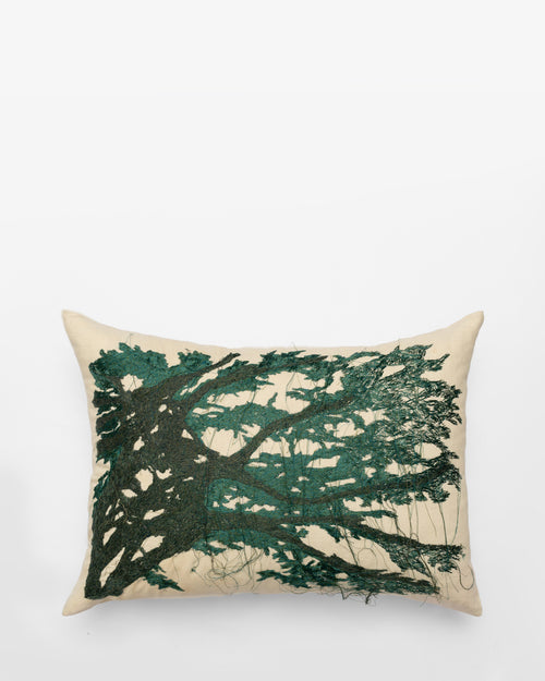 Embroidery linen cushion in Cedar I — forest, charcoal — Bokja, hand-assembled in Beirut