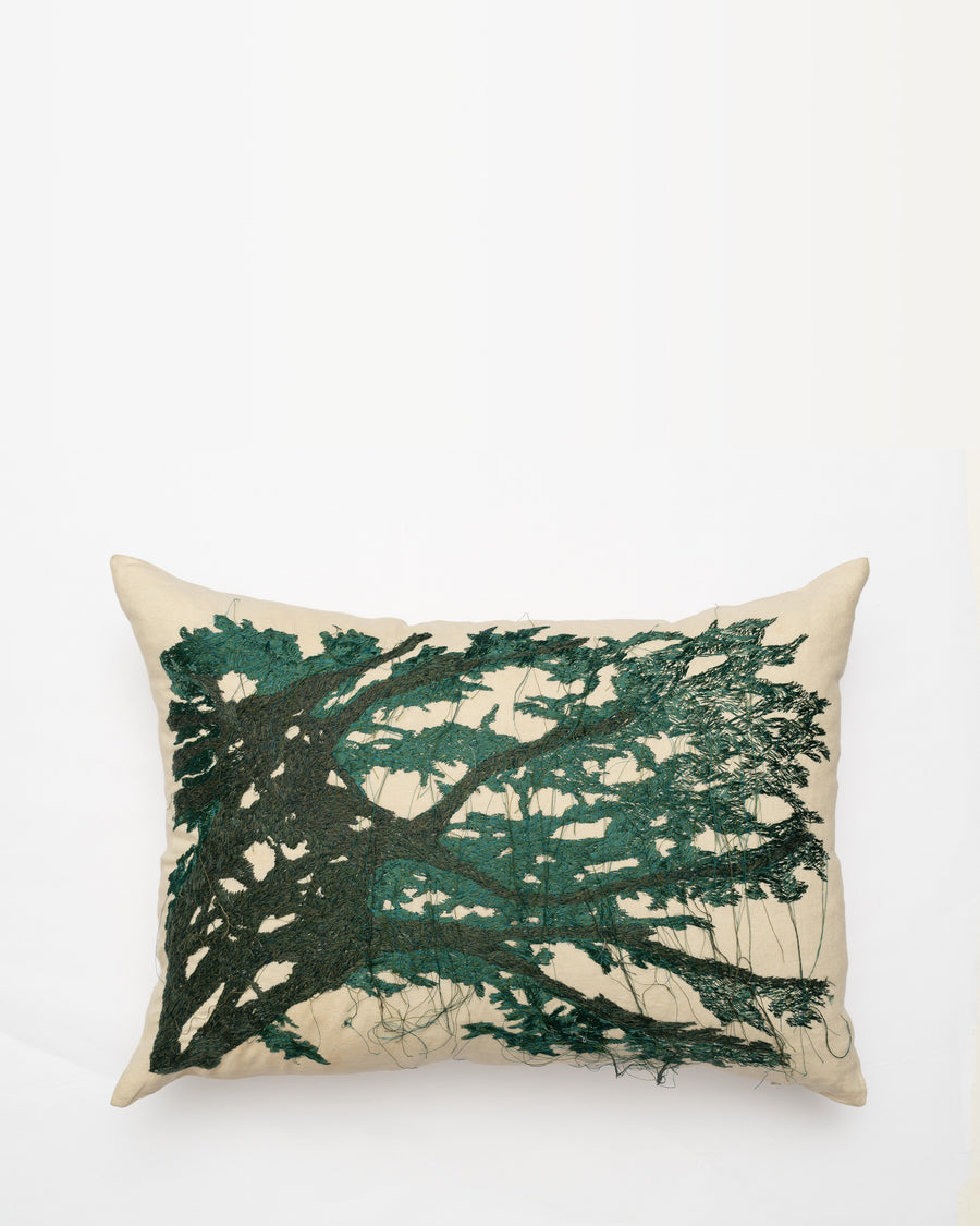 Cedar Left embroidered cushion, front view
