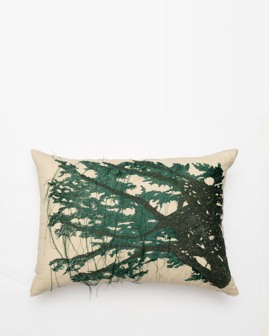 Cedar Right embroidered cushion, front view