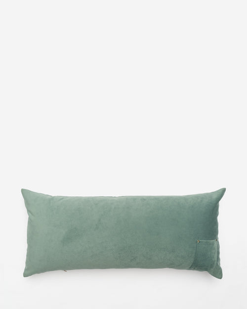 Embroidery velvet cushion in Climb Every Mountain — sage, teal, taupe — Bokja, hand-assembled in Beirut
