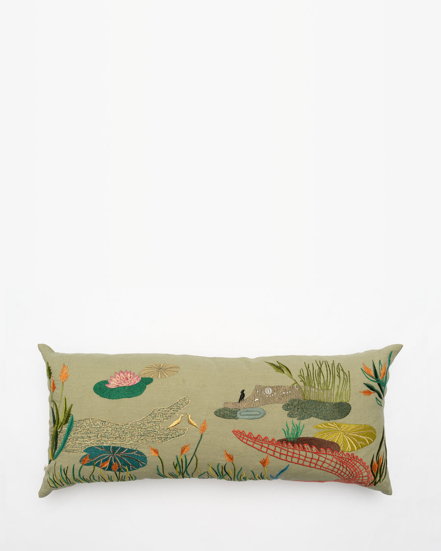 Crocodile-Summit embroidered cushion, front view