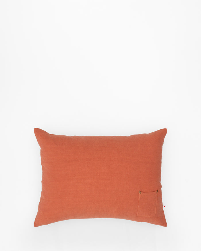 Foxing embroidered cushion, back view
