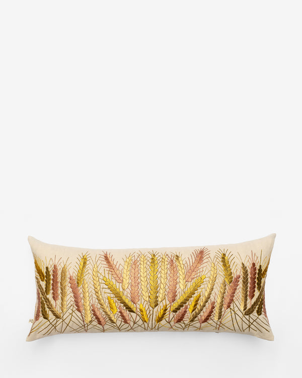 Golden Wheat embroidered cushion, front view
