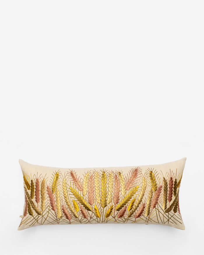 Golden Wheat embroidered cushion, front view