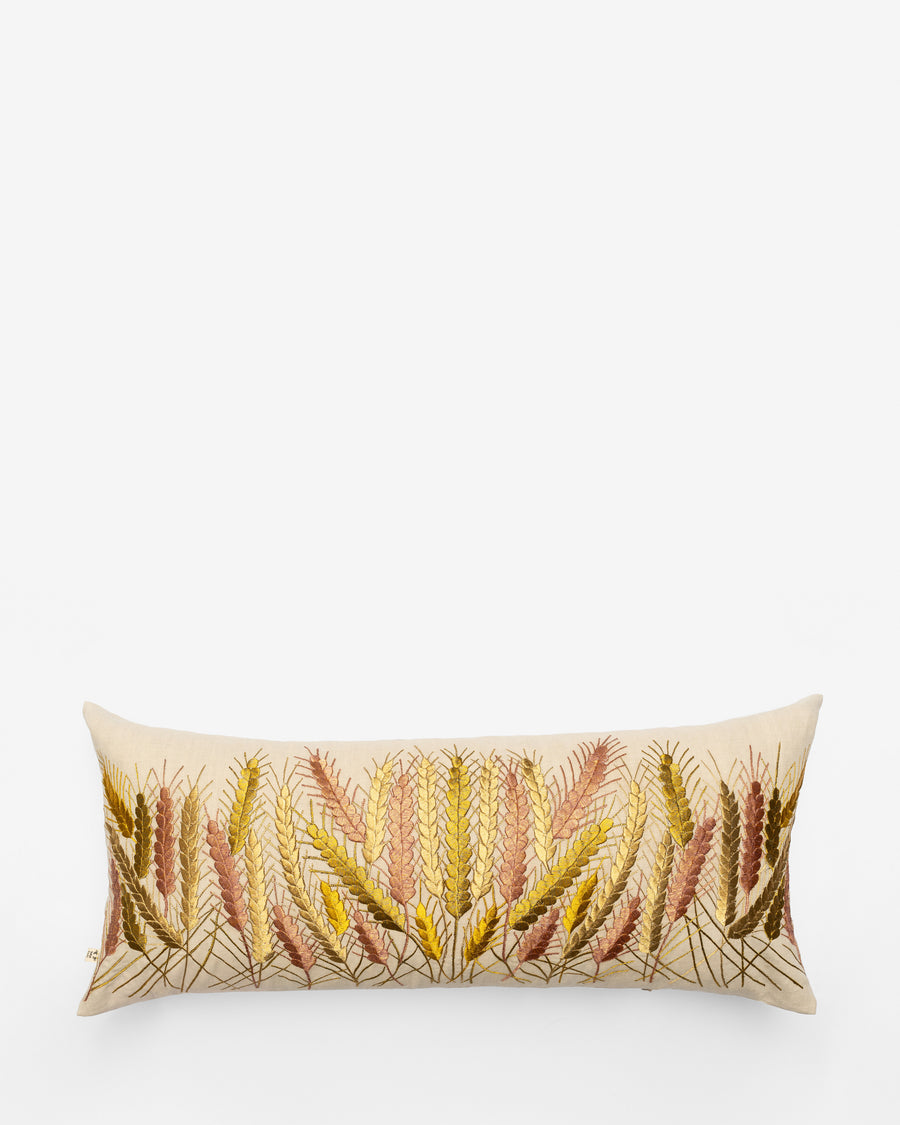 Golden Wheat embroidered cushion, front view