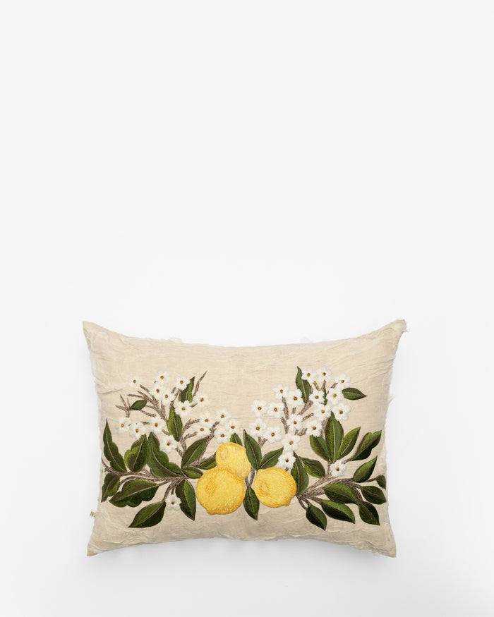 Lemons embroidered cushion, front view