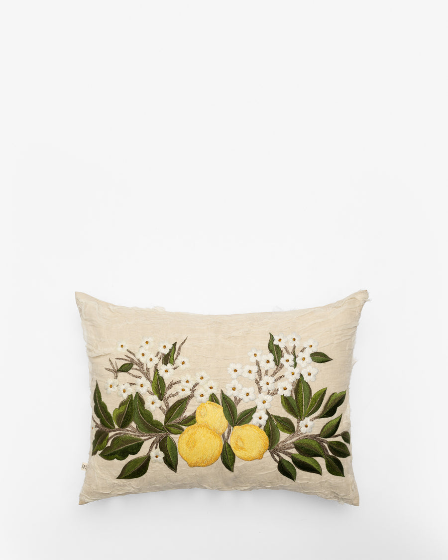 Lemons embroidered cushion, front view