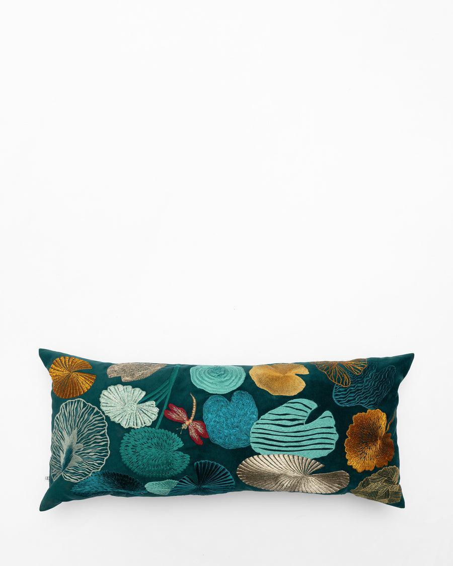 Lilypad Landscape embroidered cushion, front view