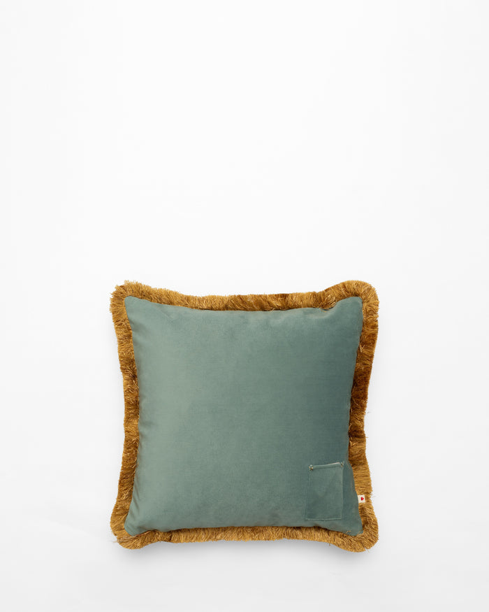 Lilypad with Bird embroidered cushion, back view