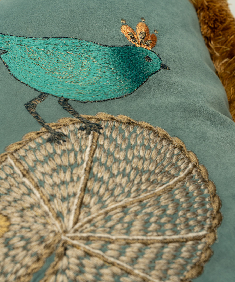 Lilypad with Bird embroidery detail close-up