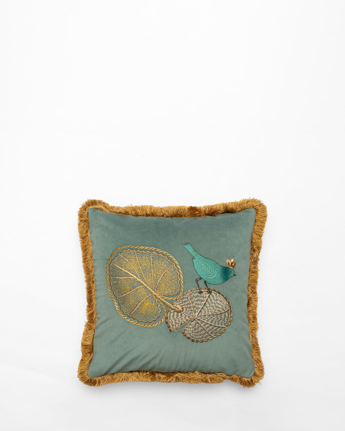 Lilypad with Bird embroidered cushion, front view