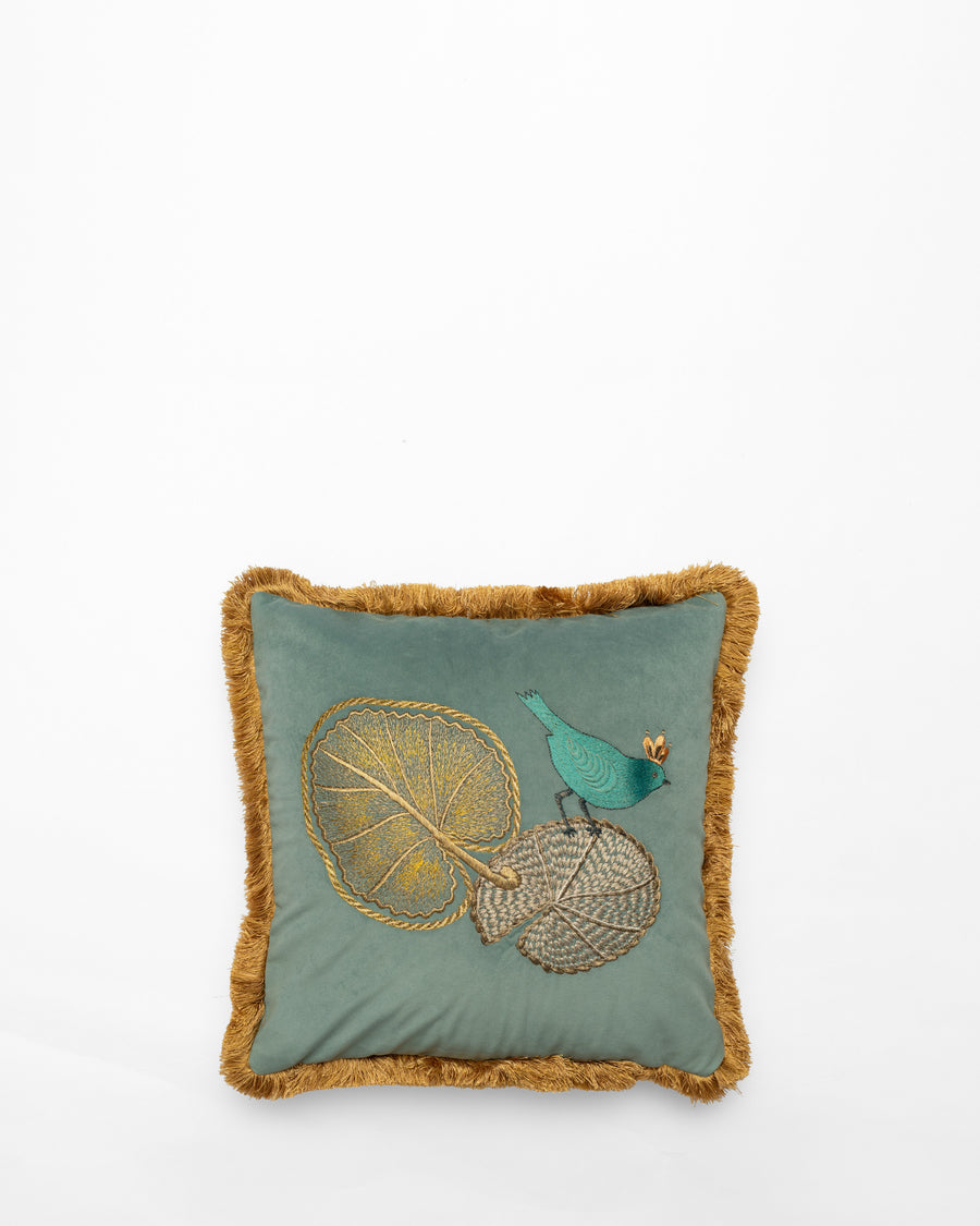 Lilypad with Bird embroidered cushion, front view