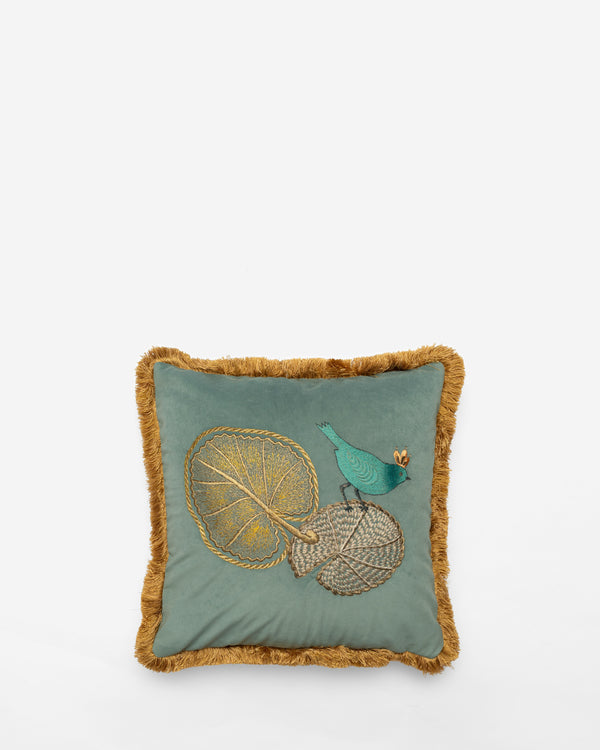 Lilypad with Bird embroidered cushion, front view