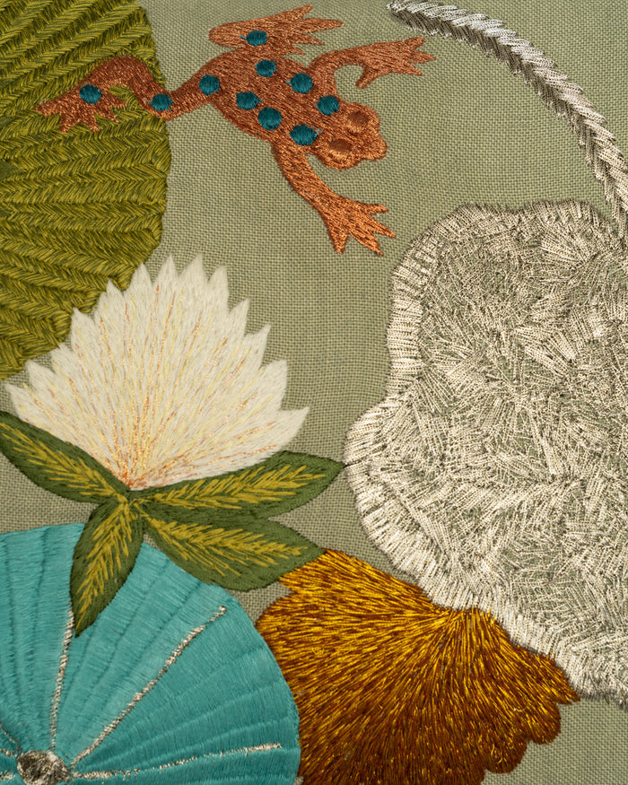 Lilypad with Frog embroidery detail close-up