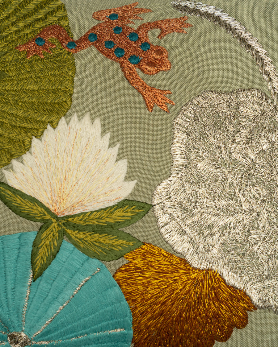 Lilypad with Frog embroidery detail close-up