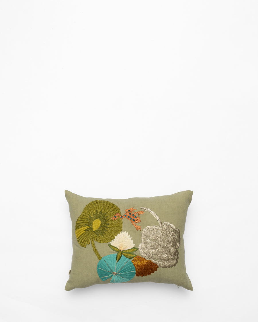 Lilypad with Frog embroidered cushion, front view