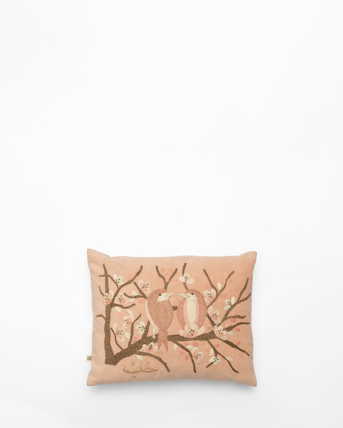Love Birds embroidered cushion, front view