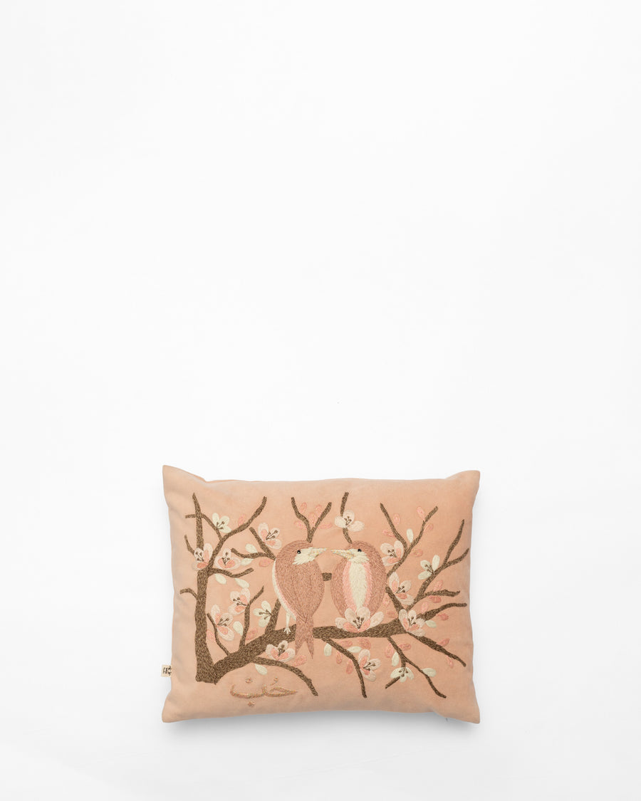 Love Birds embroidered cushion, front view