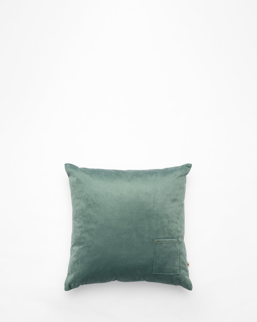 Mimosa Blue embroidered cushion, back view