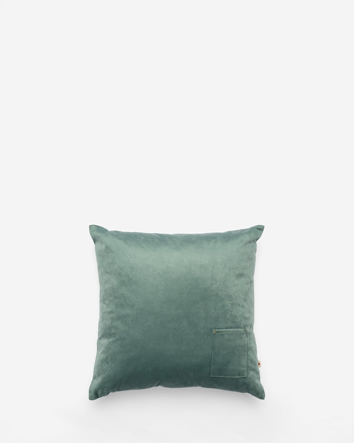 Mimosa Blue embroidered cushion, back view