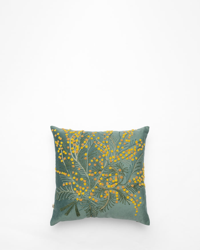 Mimosa Blue embroidered cushion, front view