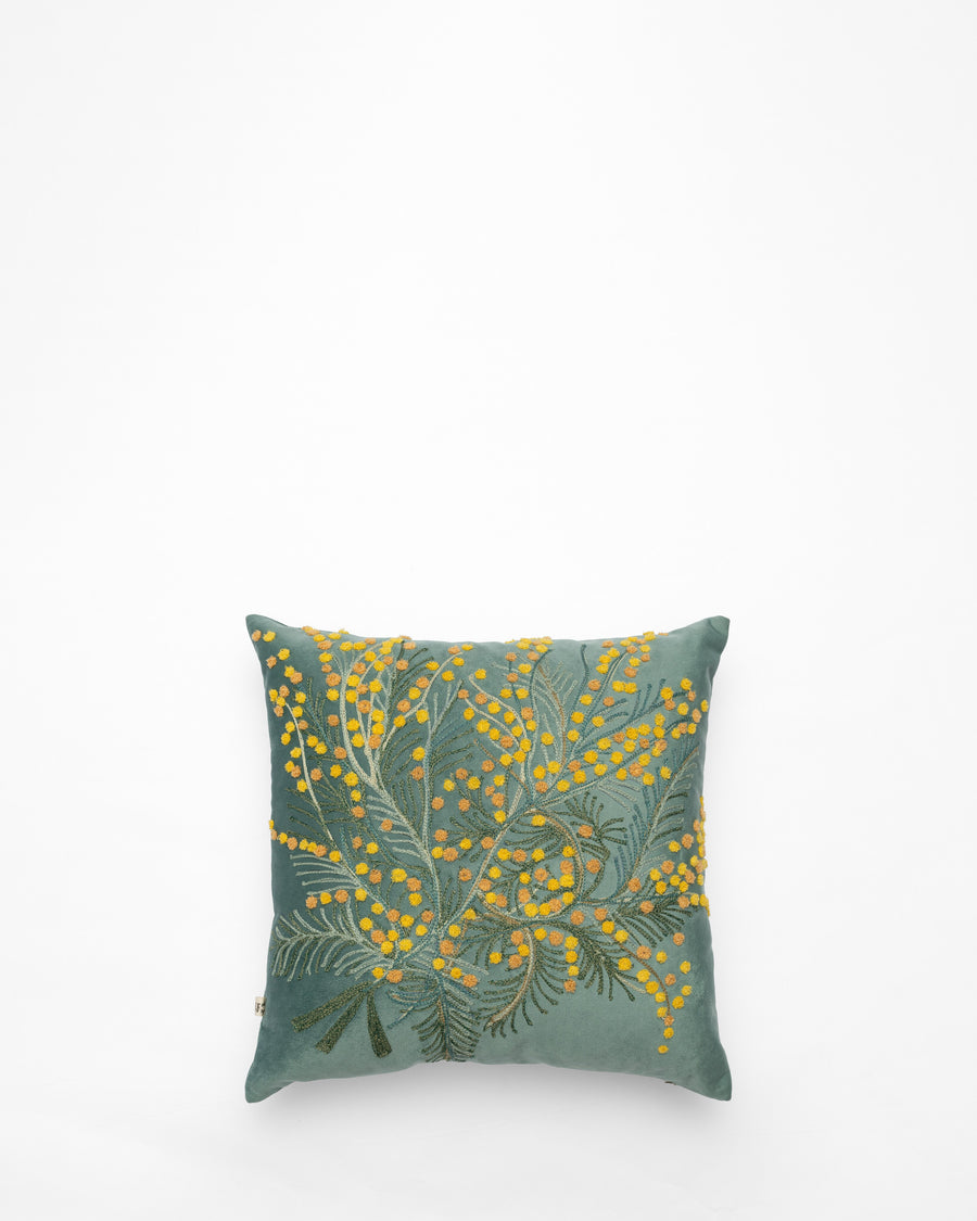 Mimosa Blue embroidered cushion, front view