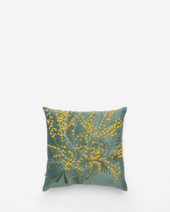 Mimosa Blue embroidered cushion, front view