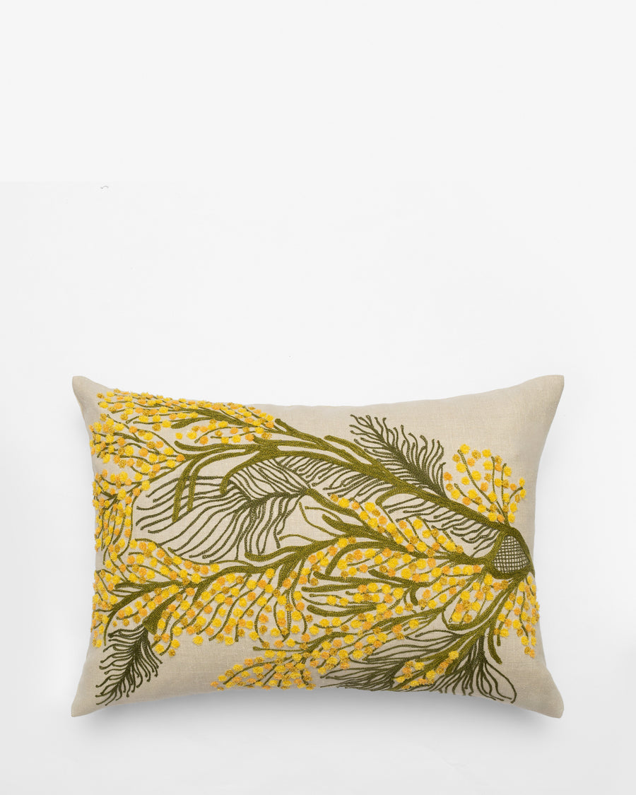 Mimosa embroidered cushion, front view