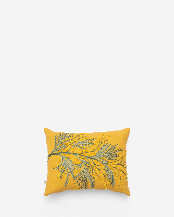 Mimosa Yellow embroidered cushion, front view