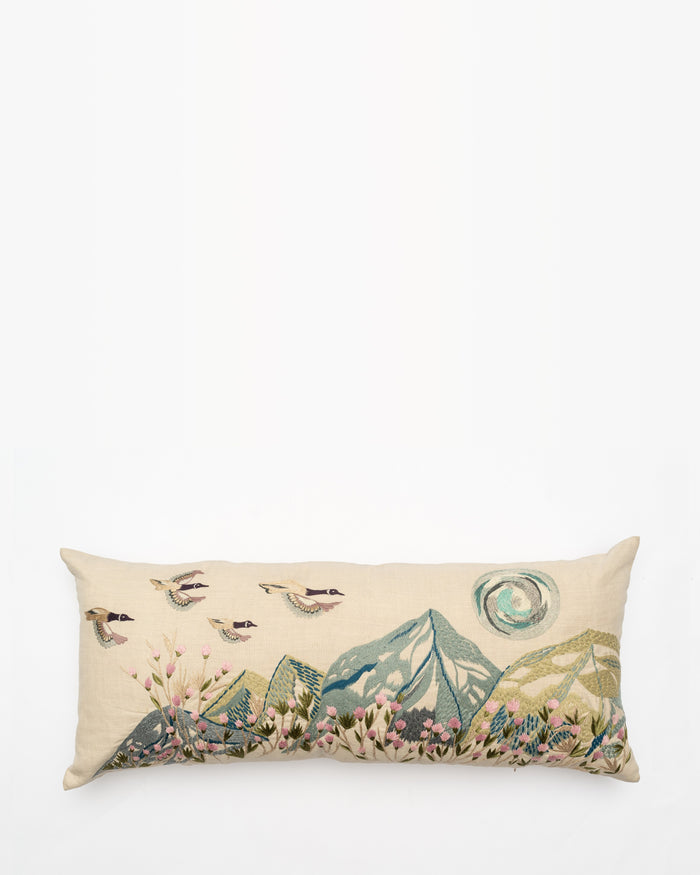 Morning Hymn embroidered cushion, front view