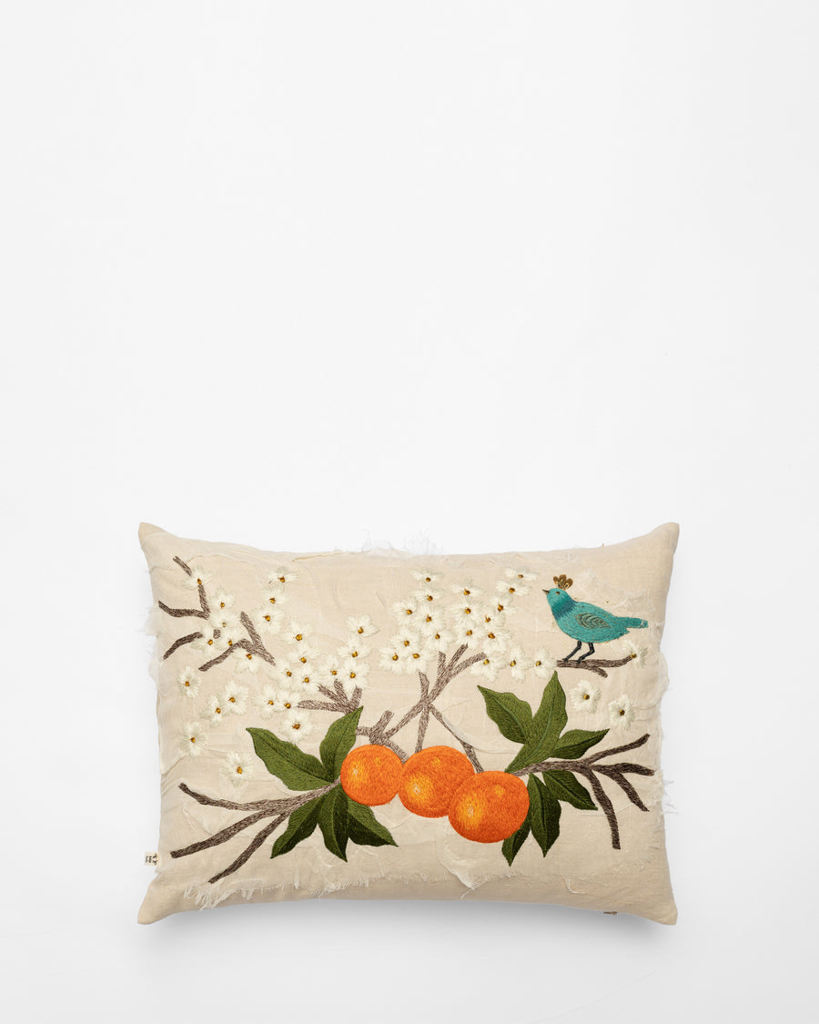 Orange Blossom embroidered cushion, front view