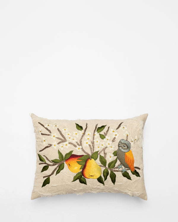 Pears and Owl embroidered cushion, front view