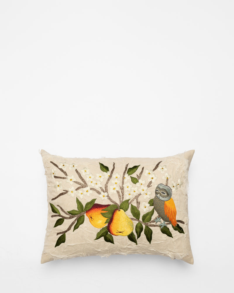 Pears and Owl embroidered cushion, front view