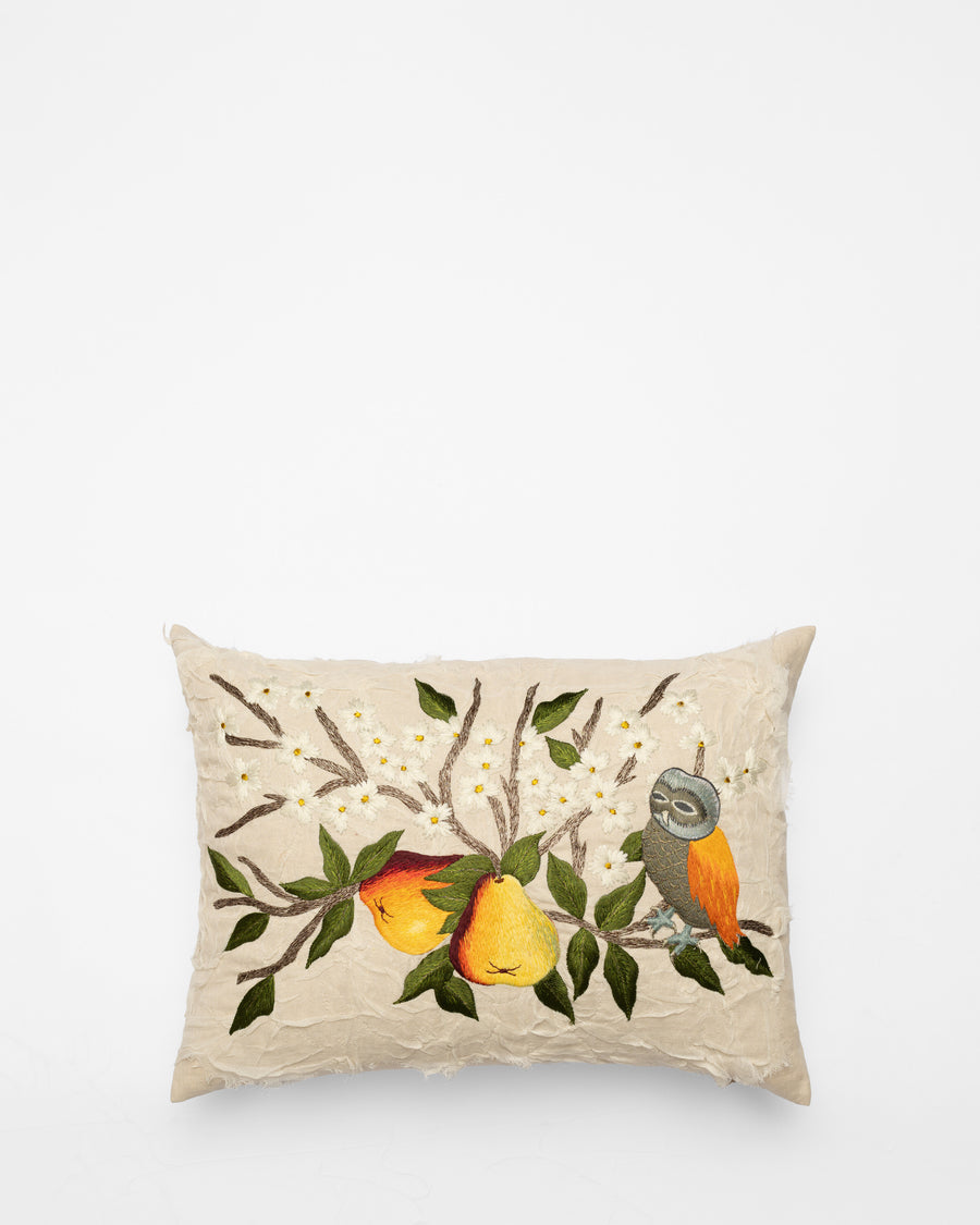 Pears and Owl embroidered cushion, front view
