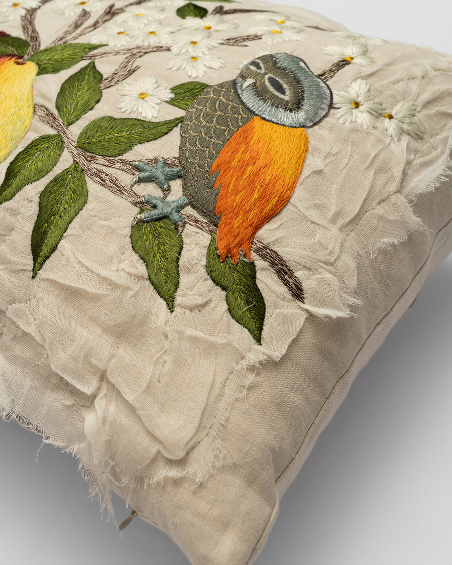 Pears and Owl embroidery detail close-up