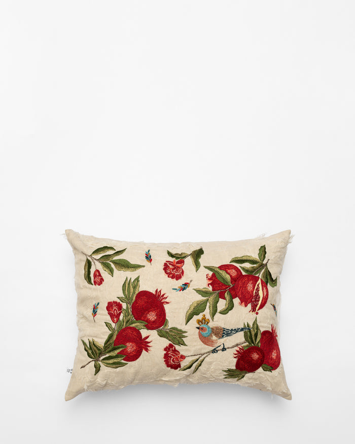 Pomegranate embroidered cushion, front view