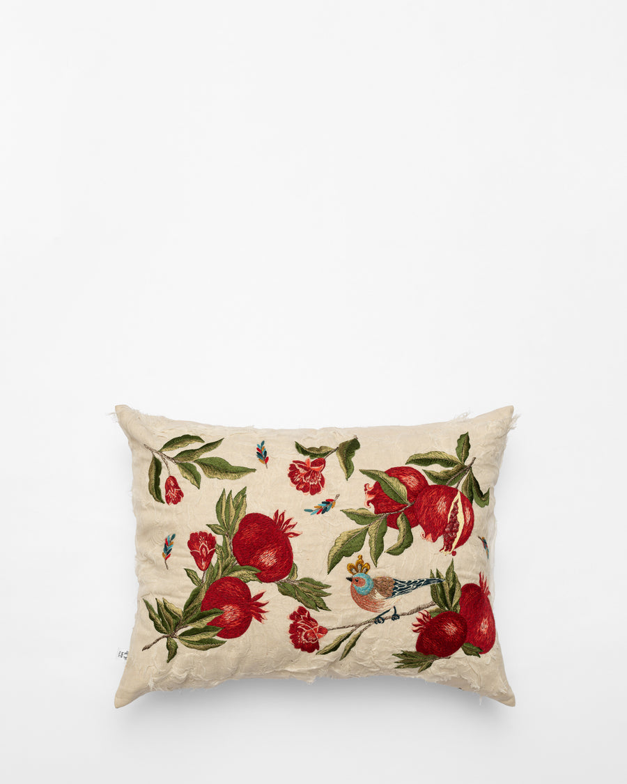 Pomegranate embroidered cushion, front view