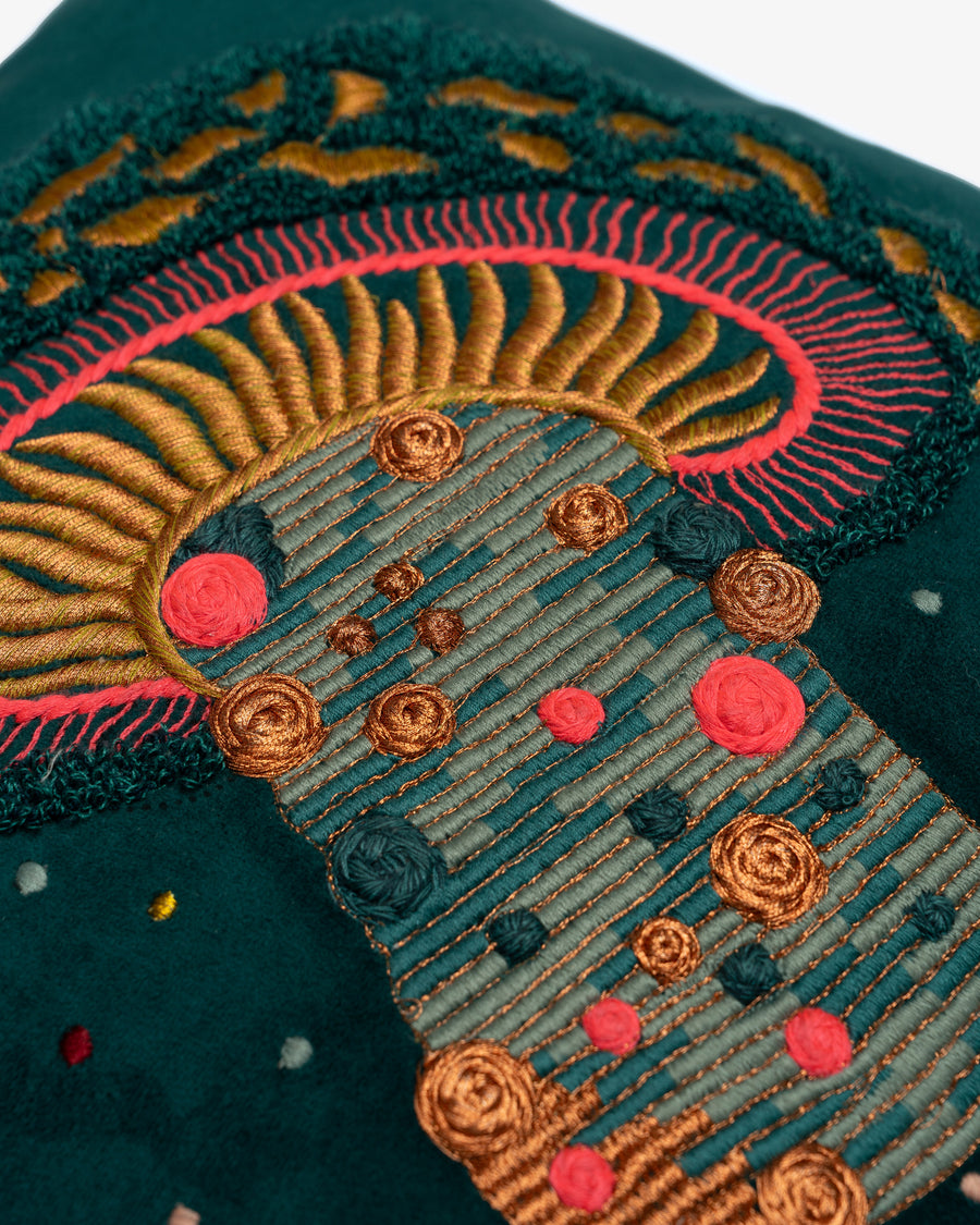 Psychedelic embroidery detail close-up