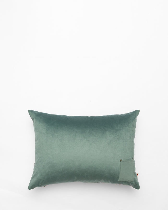 River embroidered cushion, back view